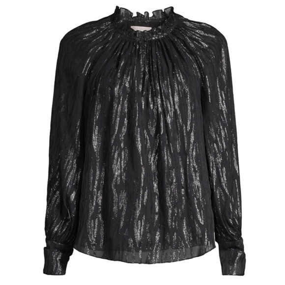 Rebecca Taylor Revolve Shirt Safari Metallic Ruffle Silk Blouse in Black - Picture 2 of 13